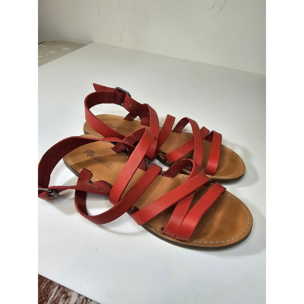 Madewell The Boardwalk Ankle Strap Sandals Red Leather Flat G2006 Womens 7
